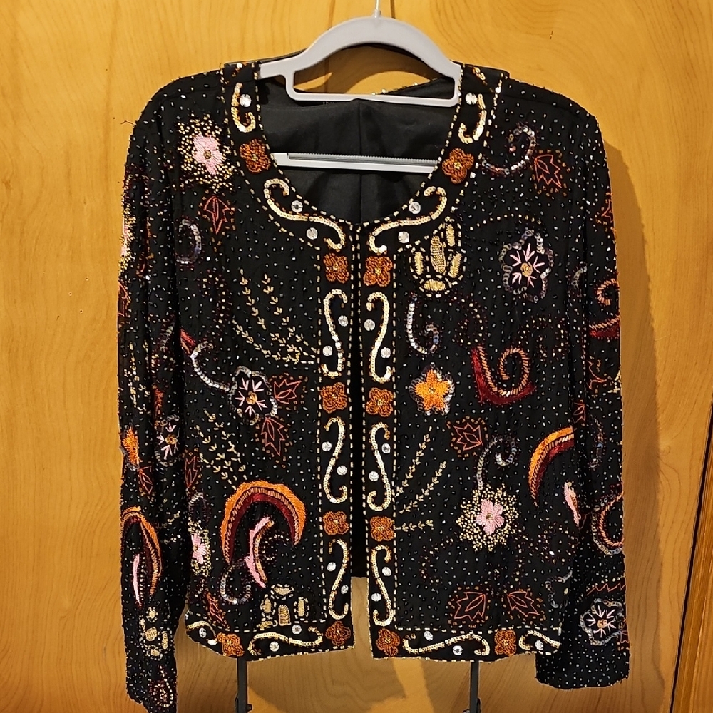 Embellished Beaded Black Blazer with Multicolor Accents